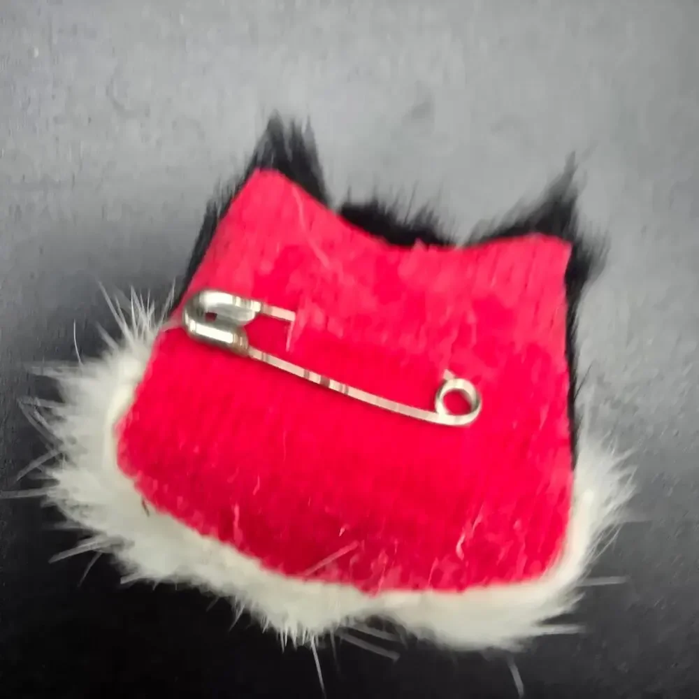 Furry Black White Cat Brooch Hand Crafted Vintage Jewelry